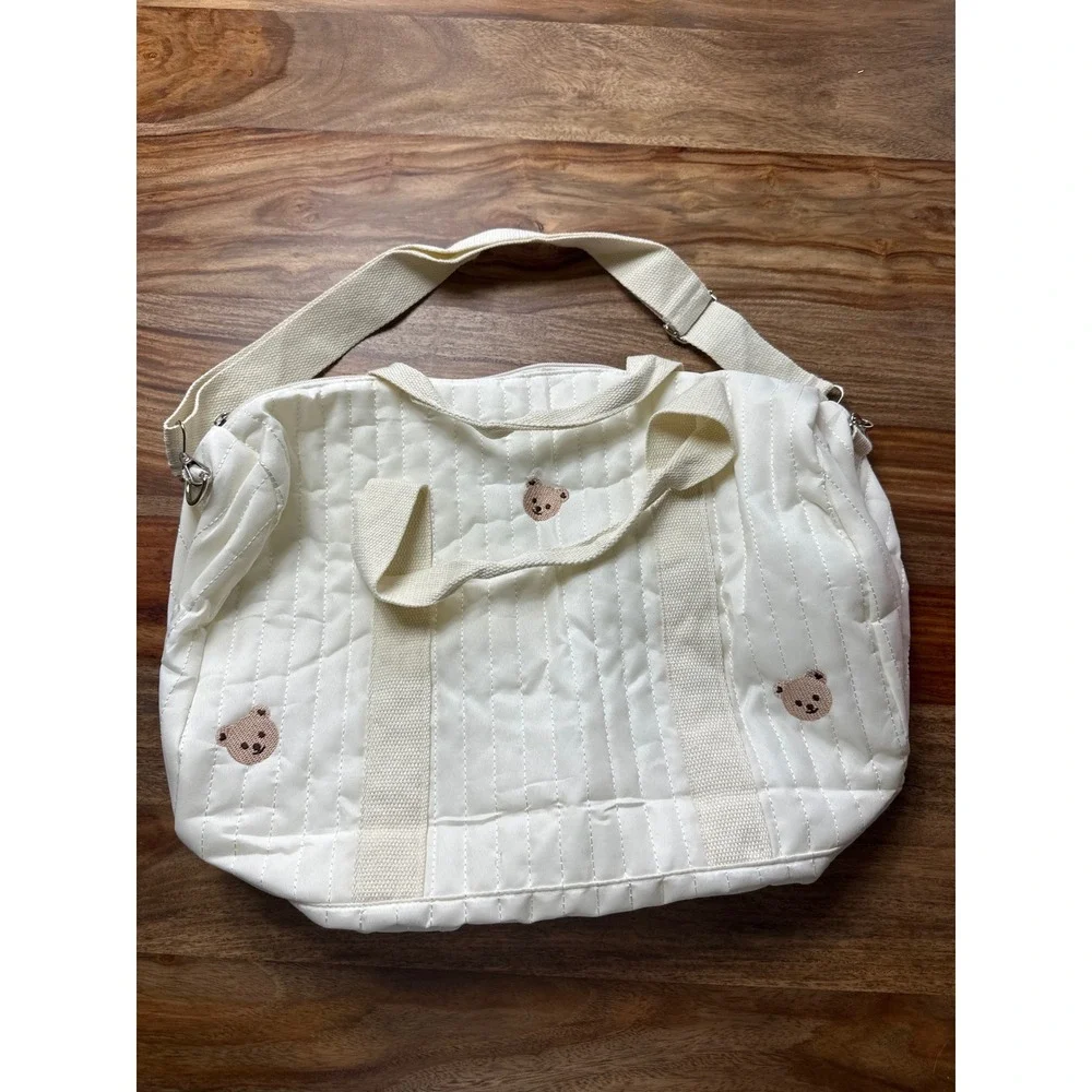 Quilted Cream Teddy Bear Embroidered Diaper Bag Travel Tote with Shoulder Strap
